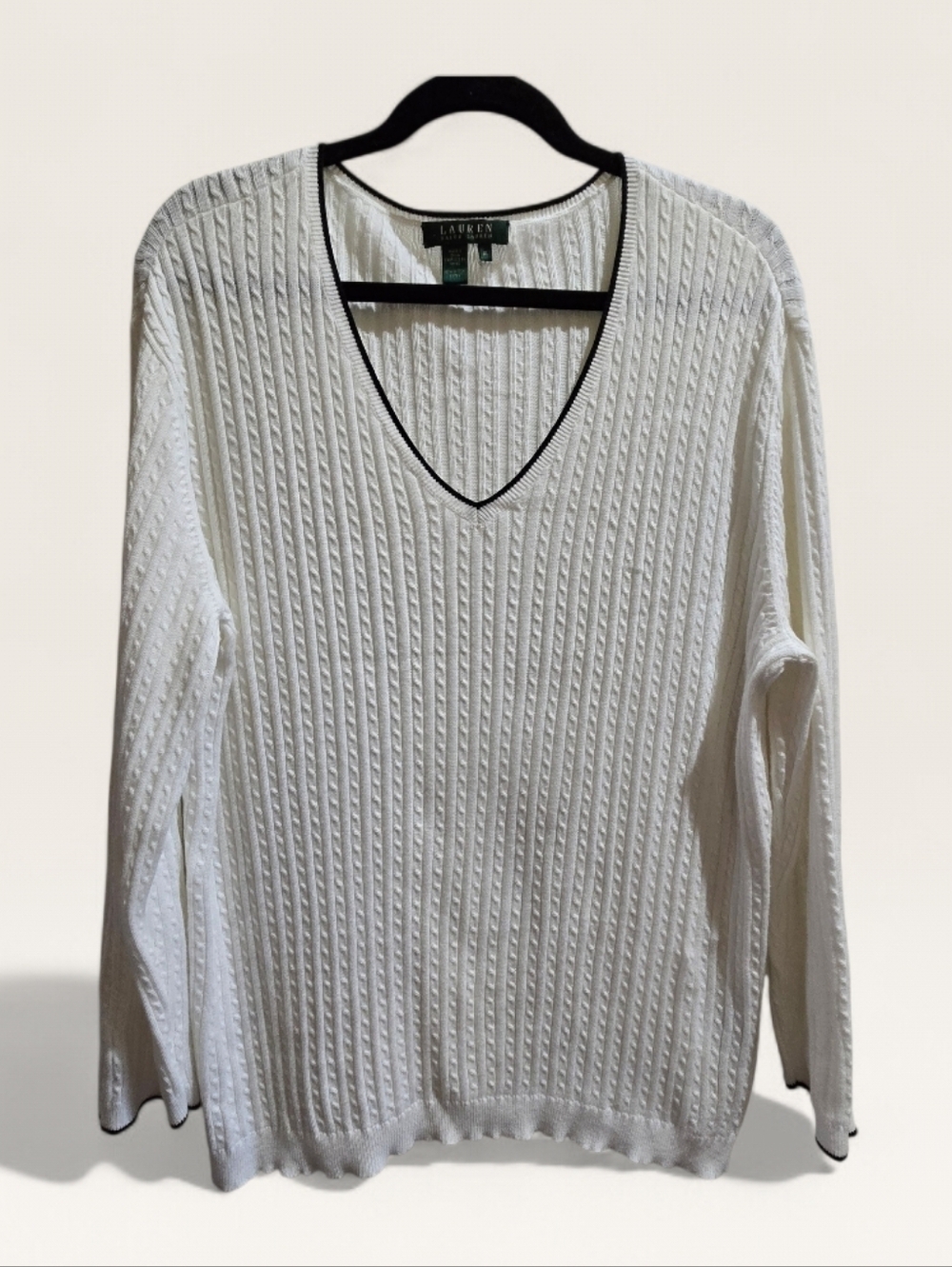 Ralph Lauren White Cable-Knit V-Neck Sweater with Black Trim